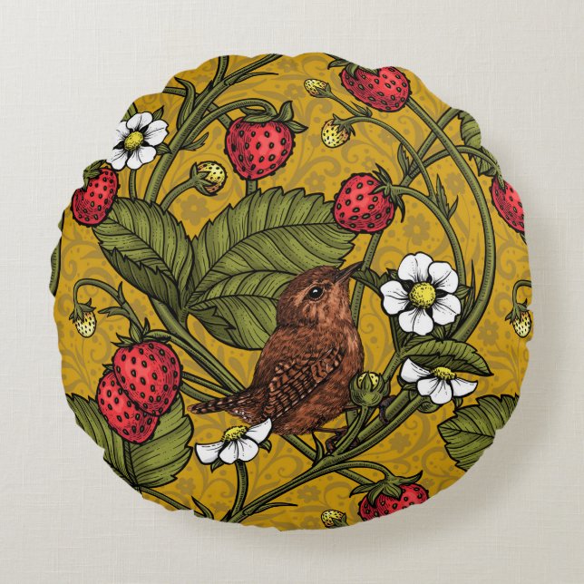 Coussins Ronds Wens et fraises sur mustrard (Devant)