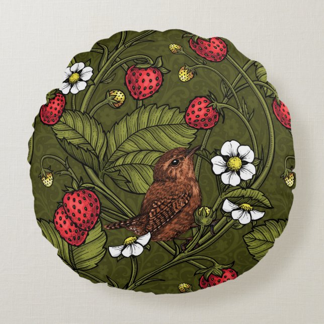 Coussins Ronds Wens et fraises sur vert foncé (Devant)