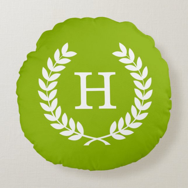 Coussins Ronds Wheat vert Laurel Wreath Initial Monogram (Devant)
