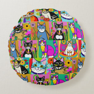Coussins Ronds Whimsical Folk Art Chats colorés