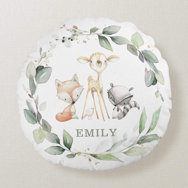Coussins Ronds Whimsical mignon Bois Animaux Verdure Wreath (Devant)