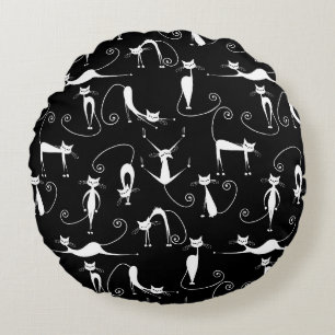 Coussins Ronds Whimsical Motif de chat blanc maigre