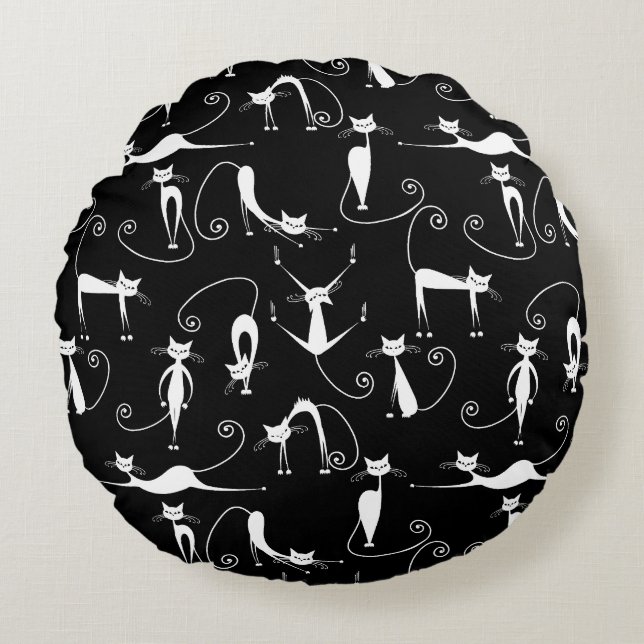 Coussins Ronds Whimsical Motif de chat blanc maigre (Devant)