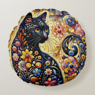 Coussins Ronds Whimssal Floral Chat Noir Kitty Jaune Bleu