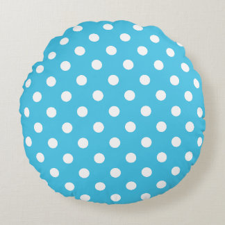 Coussins Ronds White Polka Dots on Aqua Blue Round Pillow