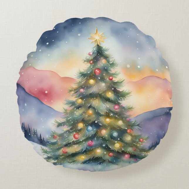 Coussins Ronds Winter Christmas Tree Snowy Sunset Scenery (Devant)