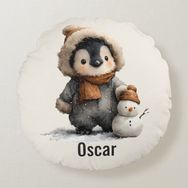 Coussins Ronds Winter Penguin with Snowman Design (Devant)