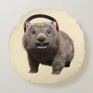 Coussins Ronds Wombat Mignon avec Casque Amoureux de Musique Art