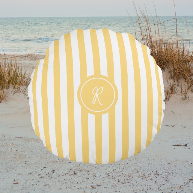 Coussins Ronds Yellow French Beach Stripe Personnalisé Monogramme (Créateur téléchargé)