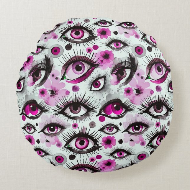 Coussins Ronds Yeux et cils de glam dans l'aquarelle rose (Devant)