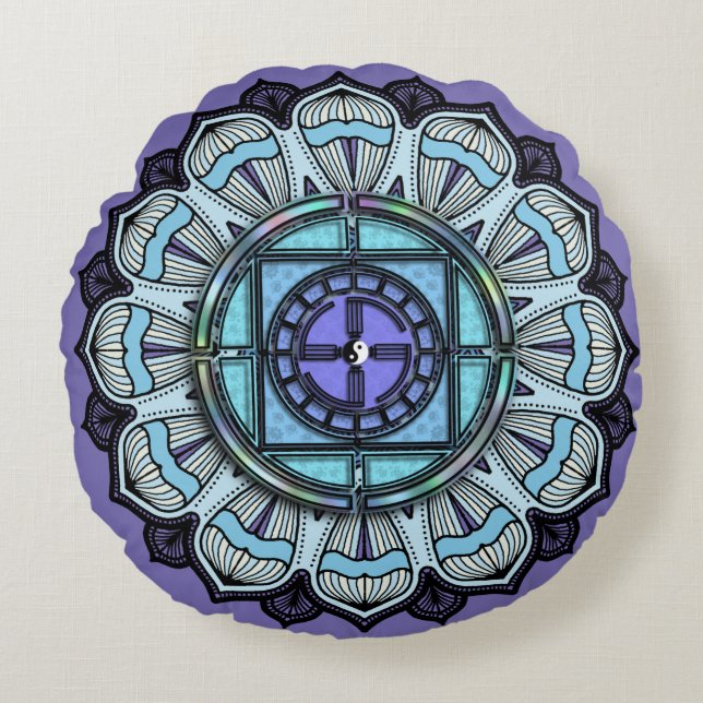 Coussins Ronds Yin Yang noir blanc sur Lavender Aqua Mandala (Devant)