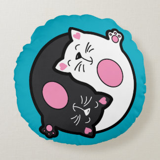 Coussins Ronds Yin Yang Sleeping Cats In Black And White 