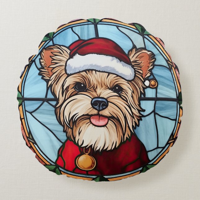 Coussins Ronds Yorkshire Terrier Vitrail Noël (Devant)