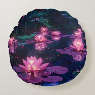Coussins Ronds Zen Nature Minuit Étang de Lotus Rose