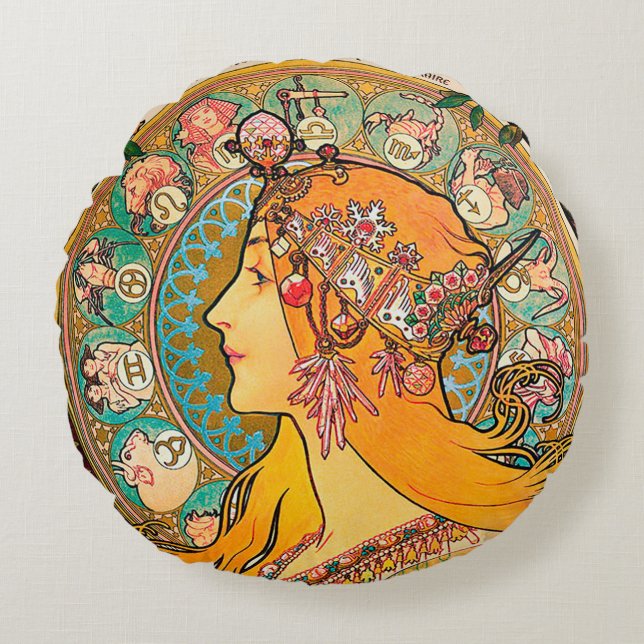 Coussins Ronds Zodiac, Oreiller Alphonse Mucha (Devant)