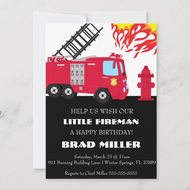 Coute Fire Truck Pompier Invitation d'anniversaire (Devant)