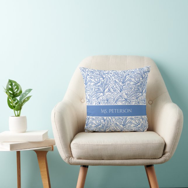 Coutume Oreiller à lancer floral bleu-bleu (Chaise)