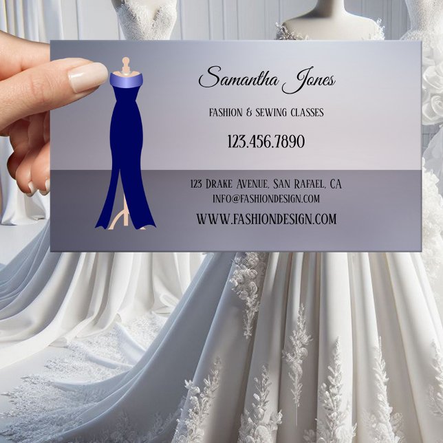 Couture de mode ou Carte de visite de boutique (Seamstress, dressmaker or fashion boutique business card featuring an elegant dress on chic grey)
