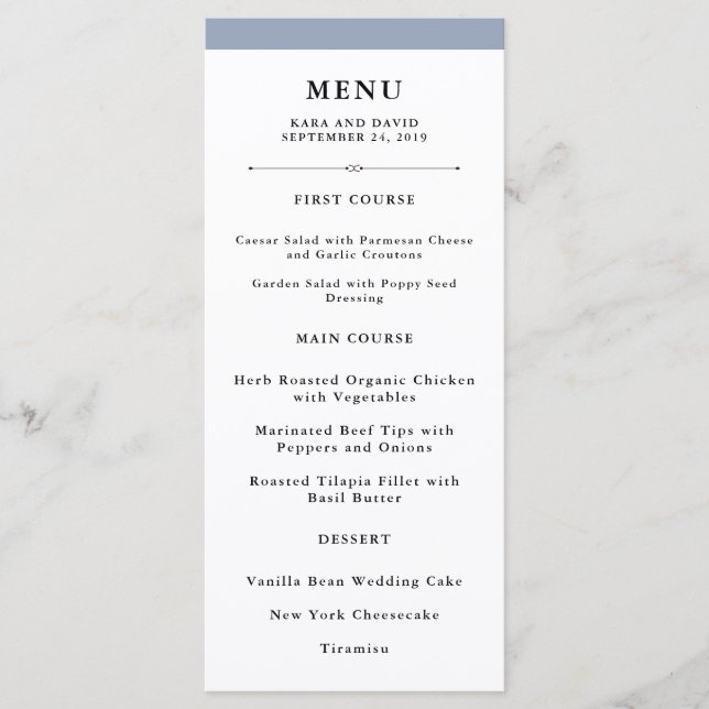 Couture élégante | Menu Mariage bleu Dusty (Devant)
