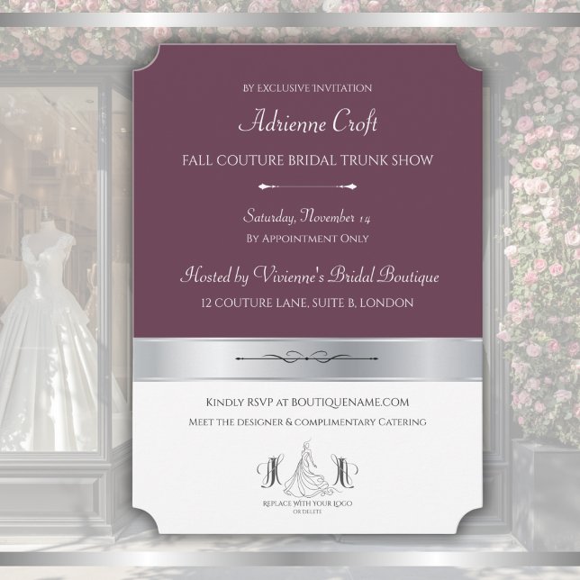 Couture Mulberry Braut-Boutique-Trunkshow Einladung (Couture deep mulberry and silver trunk show invitation front template for luxury bridal shops.)