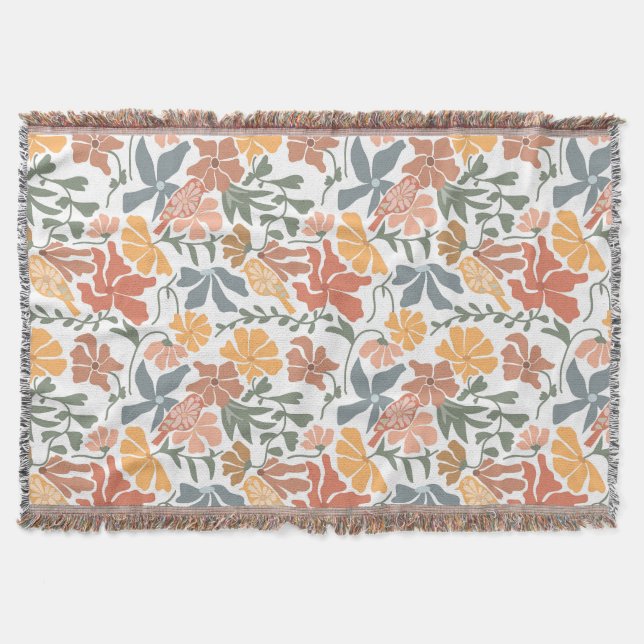 Couverture Abstrait Floral & Oiseaux Mi-siècle Motif moderne (Devant)