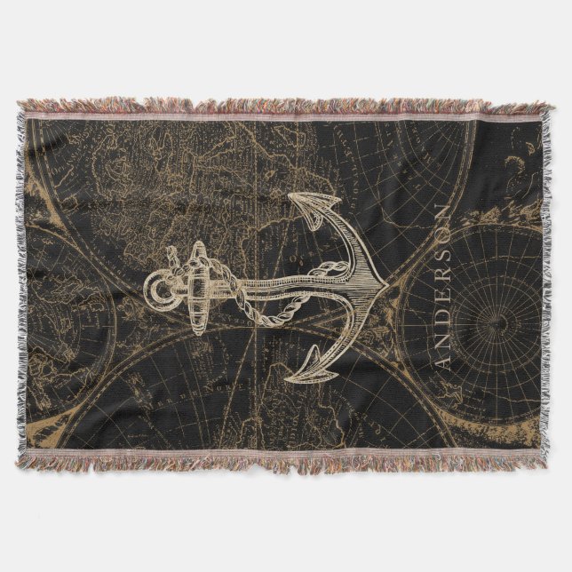 Couverture Ancien Monde Ancre nautique Monogramme Noir (Devant)