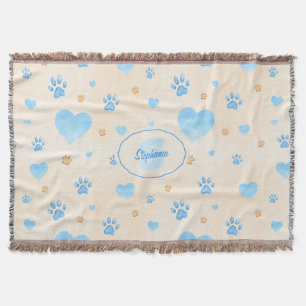 Couverture Aquarelle Bleu Coeurs et Empreintes de pattes Moti