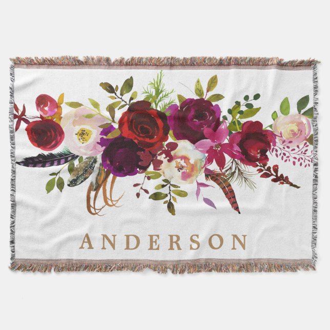 Couverture Aquarelle Bohème Floral Bourgogne Marsala Rouge (Devant)