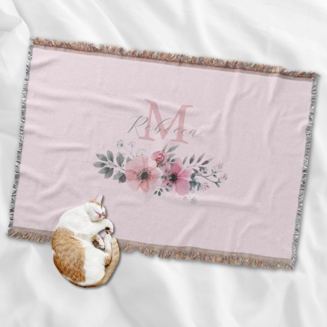 Couverture Aquarelle botanique chic rose pâle (Botanical chic blush pink watercolor floral throw blanket)
