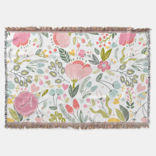 Couverture Aquarelle rose corail Motif Floral Nom du monogram