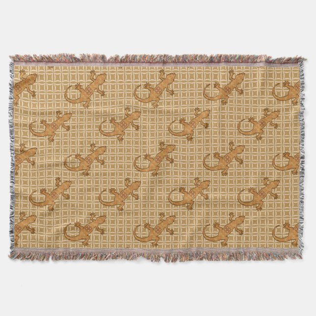 Couverture Batik tribal Geckos - rouille, ambre et bronze (Devant)