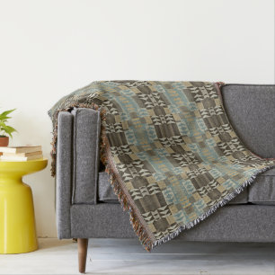 Couverture Beige Turquoise Bleu Vert Taupe Brown Motif tribal