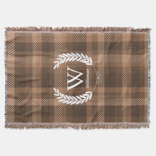 Couverture Blanc Laurels Monogramme Brown Plaid (Devant)