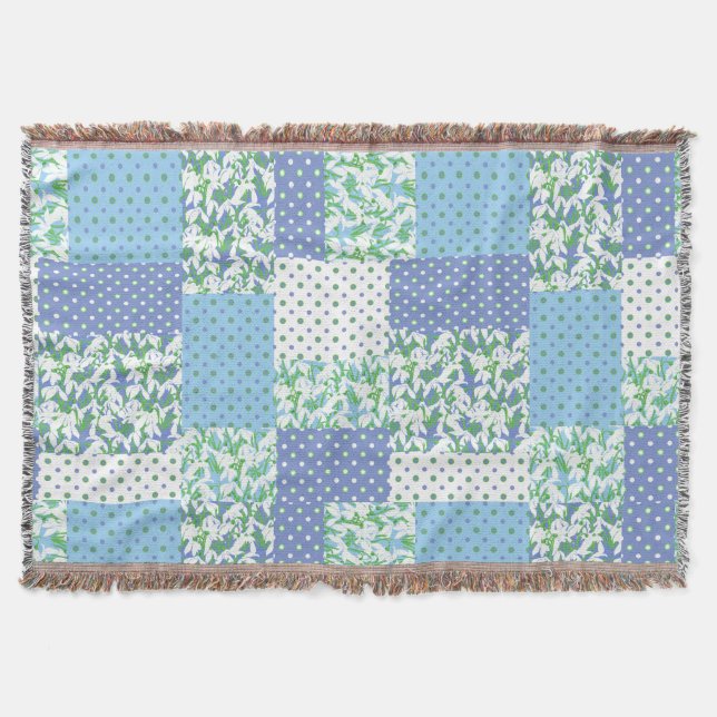 Couverture Blue Green Faux Patchwork Snowdrops et Pois (Devant)
