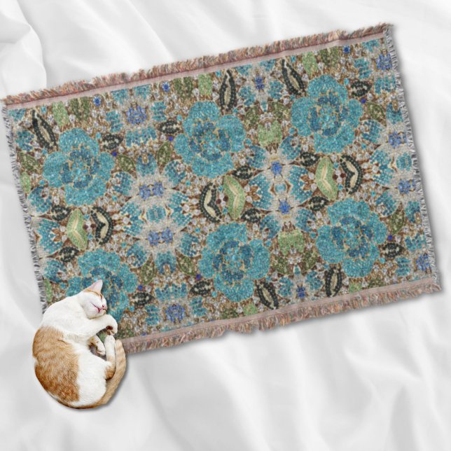 Couverture bohème girly chic argent turquoise fleur bleu (bohemian girly chic silver turquoise blue flower throw blanket)