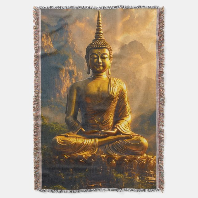 Couverture Bouddha assis doré sous un ciel de coucher de sole (devant Vertical)