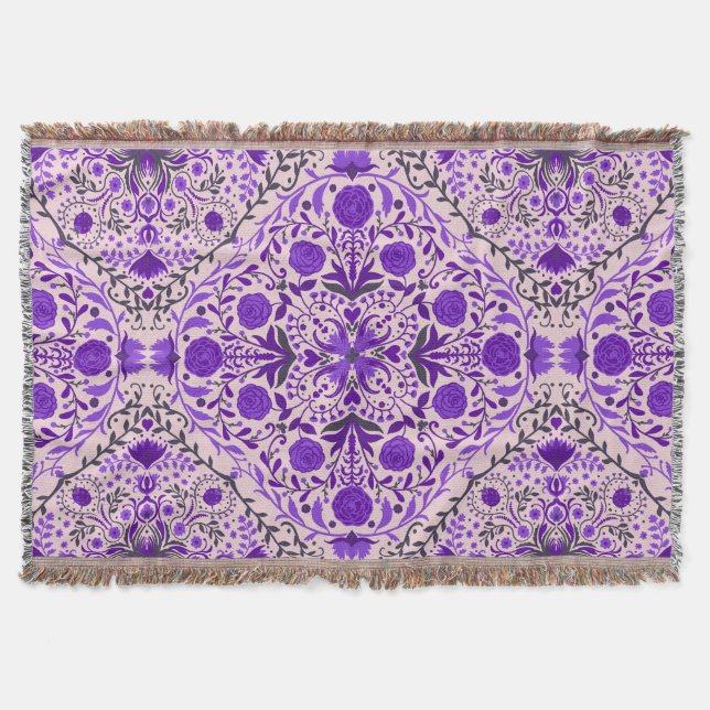 Couverture Carreaux floraux en violet et coton bonbon rose (Devant)