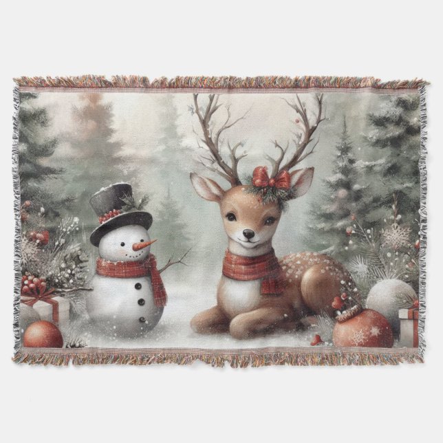 Couverture Cerf de Noël/bonhomme de neige en bois classique (Devant)