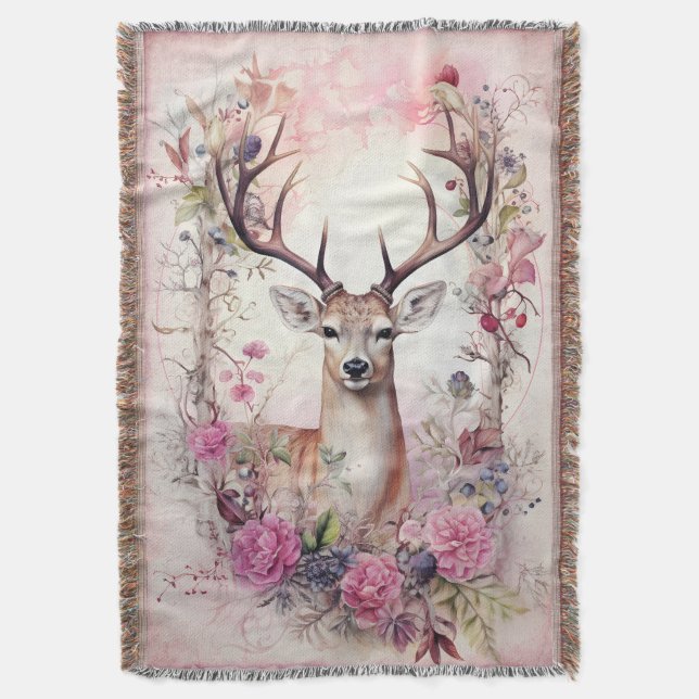Couverture Cerfs Antlers Fleurs roses Noël Woodsy (devant Vertical)