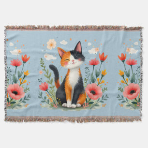 Couverture Chat calicot souriant dans un jardin en fleurs