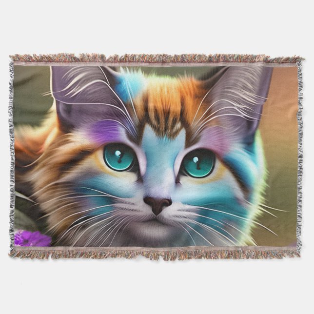 Couverture chat et fleurs bleu et rouille calico (Devant)