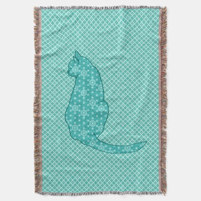 Couverture Chat Japonais - Impression Kimono Turquoise (devant Vertical)
