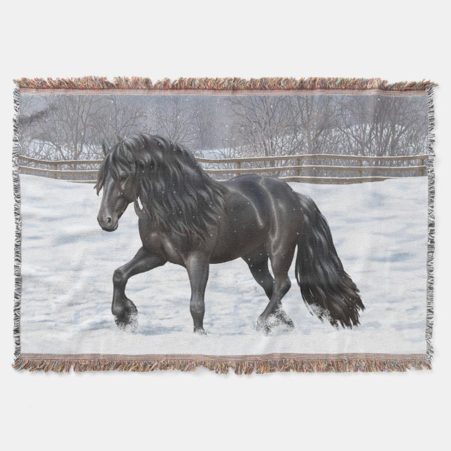 Couverture Cheval Noir Friésien En Neige (Devant)