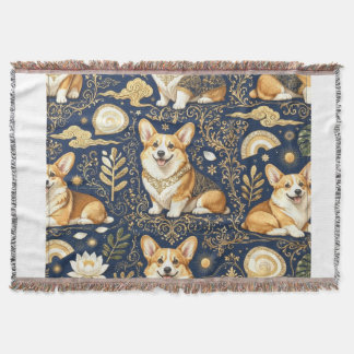 Couverture Chiens Corgi Élégants Motif Damassé Or Bleu Marine