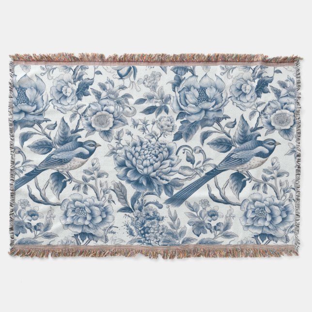 Couverture Chinoiserie Bleu et Blancs Fleurs Oiseaux (Devant)