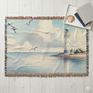 Couverture Coastal Lighthouse Seagulls Pastel Sky Serenity