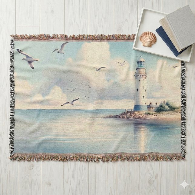 Couverture Coastal Lighthouse Seagulls Pastel Sky Serenity (Coastal Lighthouse Seagulls Pastel Sky Serenity Throw Blanket On Floor)