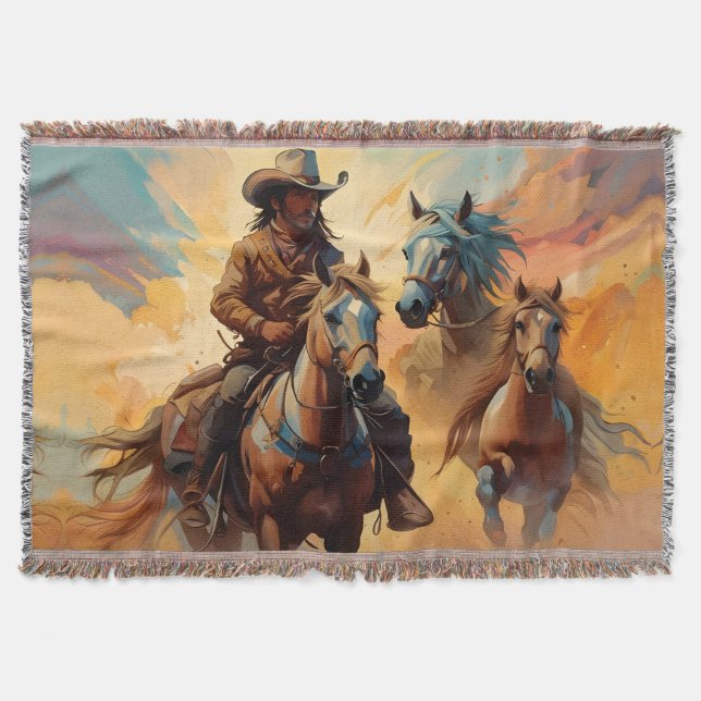 Couverture Cowboy Chevaux Occidentaux bleu Tan Collage (Devant)