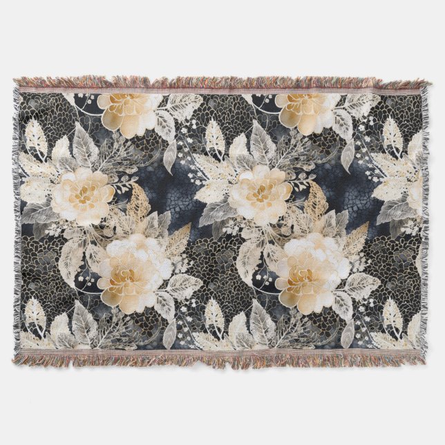 Couverture Crème noire sauvage Léopard Animal Floral (Devant)