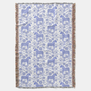 Couverture Dala suédois Horse bleu et blanc lancette Blanche